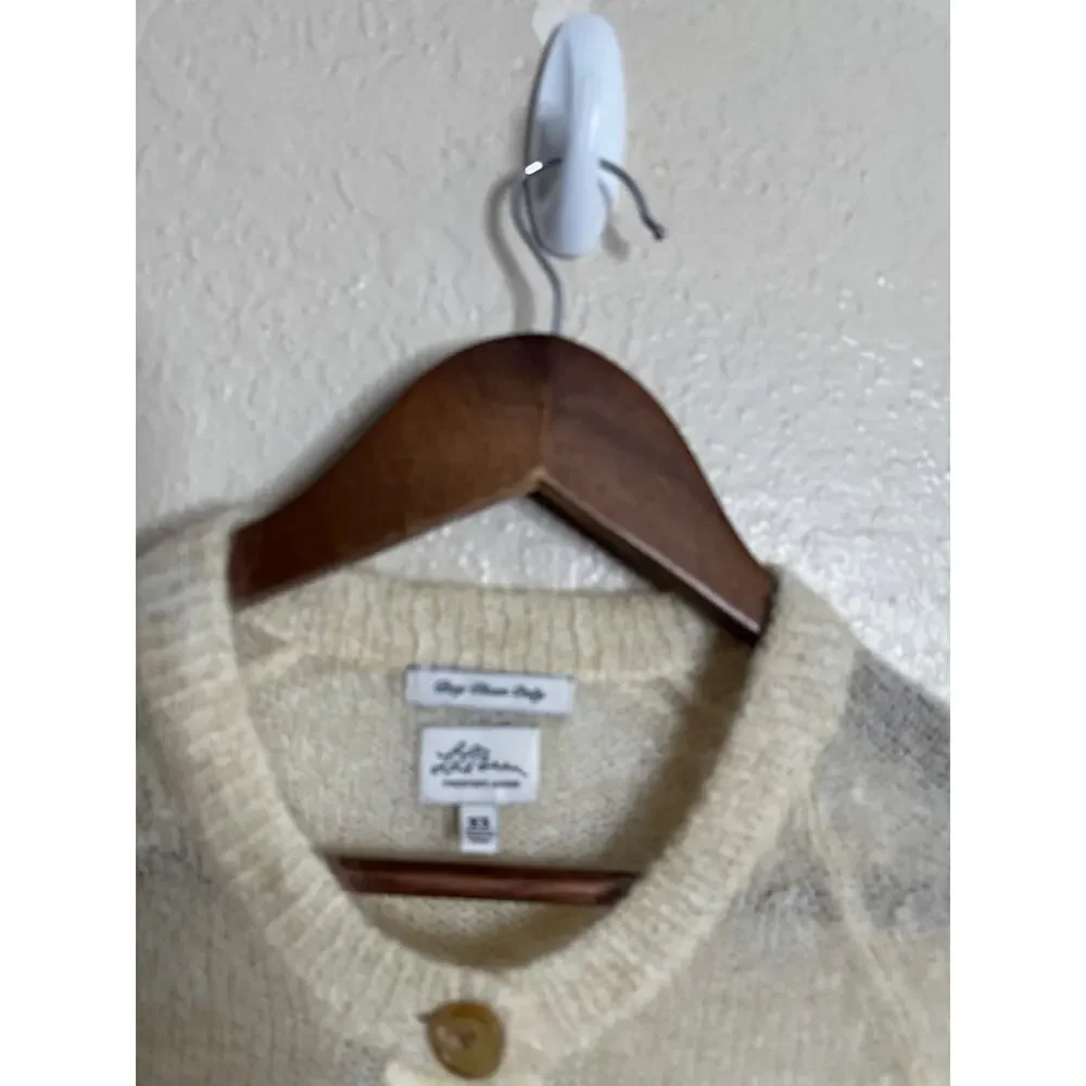 L.L.Bean Mohair Cardigan Sweater Fuzzy Sheer Halo Knit Ivory Womans XS